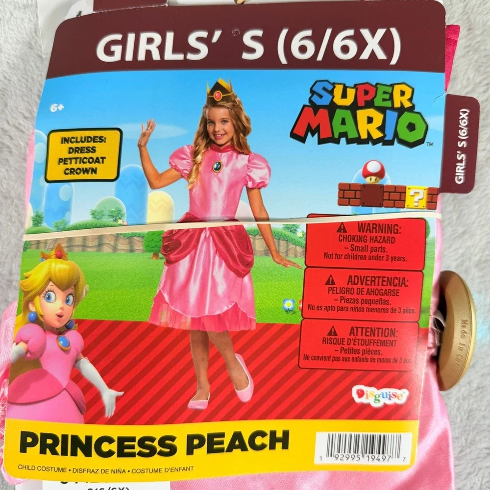 Super Mario Princess Peach Costume Girls Small 6 6X 3 Piece Set Dress Crown